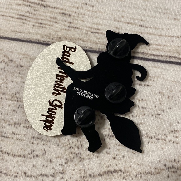 *Love Pain and Stitches Strange Witch Halloween Enamel Lapel Pin in Black - Picture 2 of 2